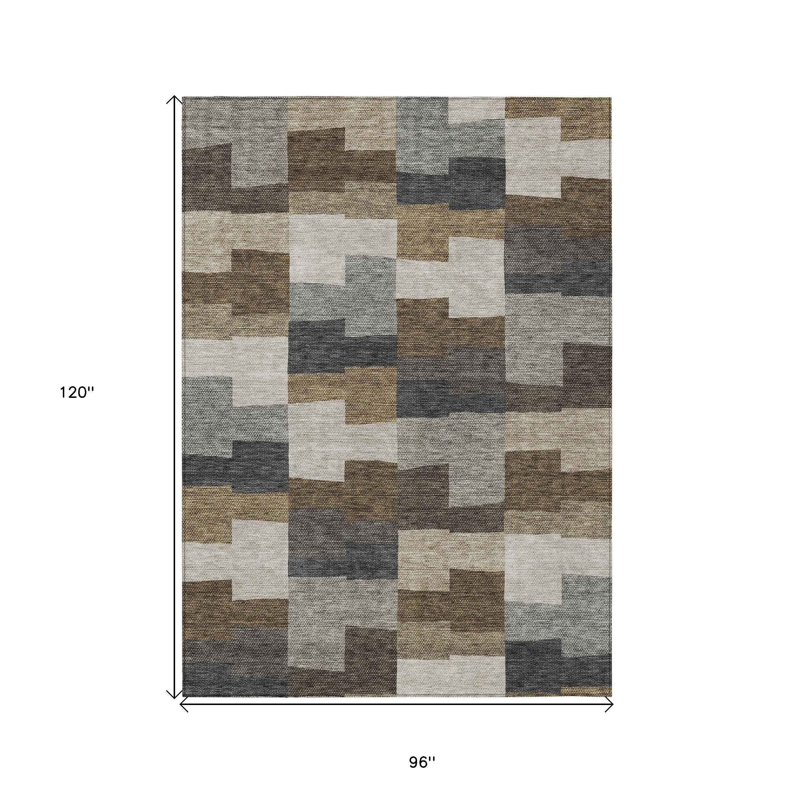 8' X 10' Brown Beige And Ivory Geometric Washable Indoor Outdoor Area Rug