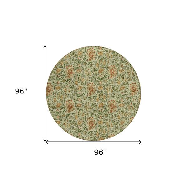 8' Green Copper And Sage Round Floral Washable Indoor Outdoor Area Rug