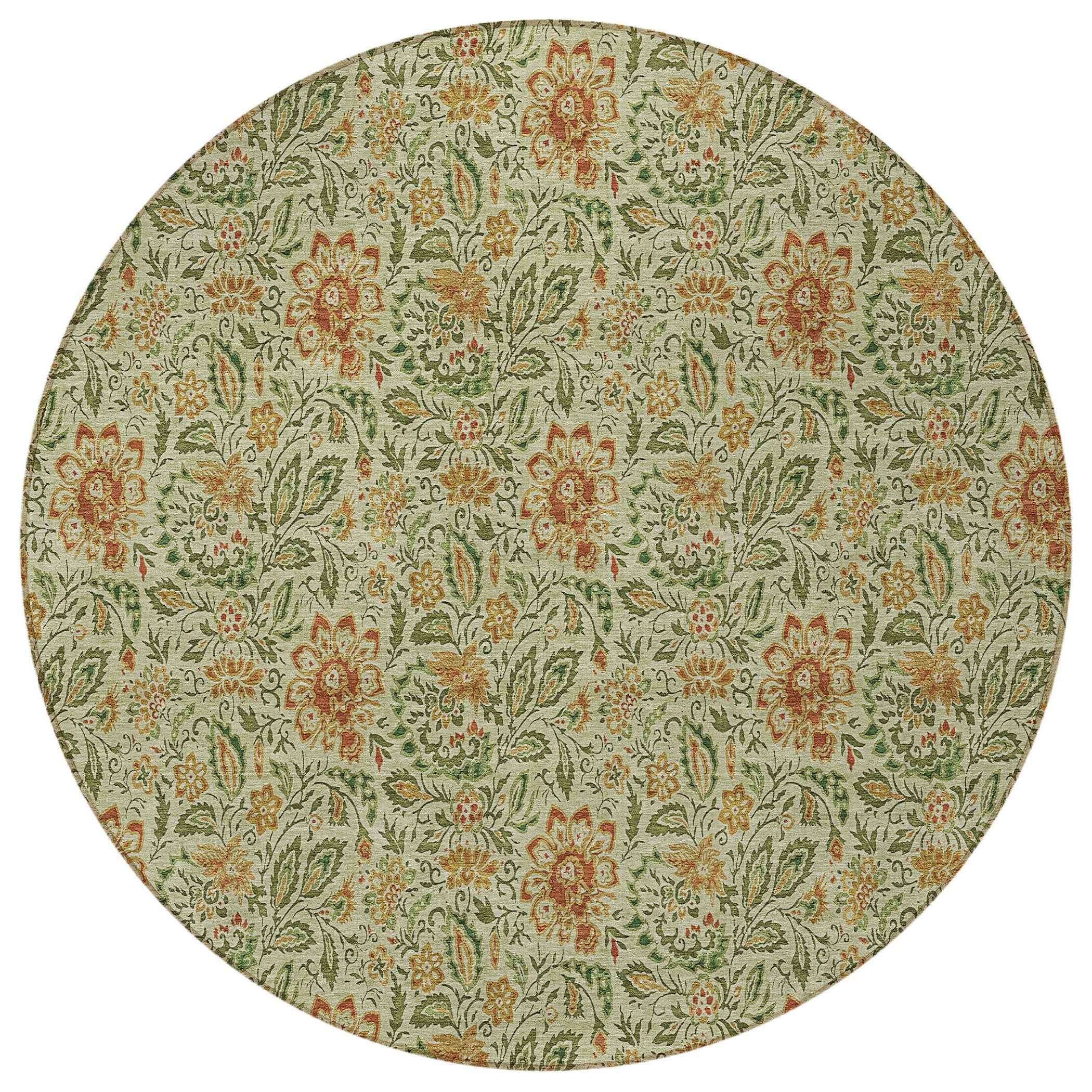 8' Green Copper And Sage Round Floral Washable Indoor Outdoor Area Rug