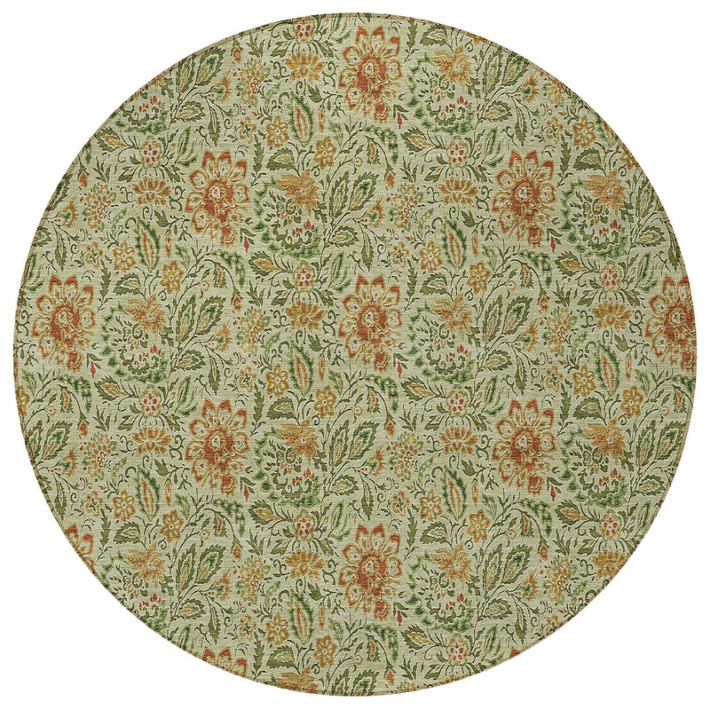 8' Green Copper And Sage Round Floral Washable Indoor Outdoor Area Rug