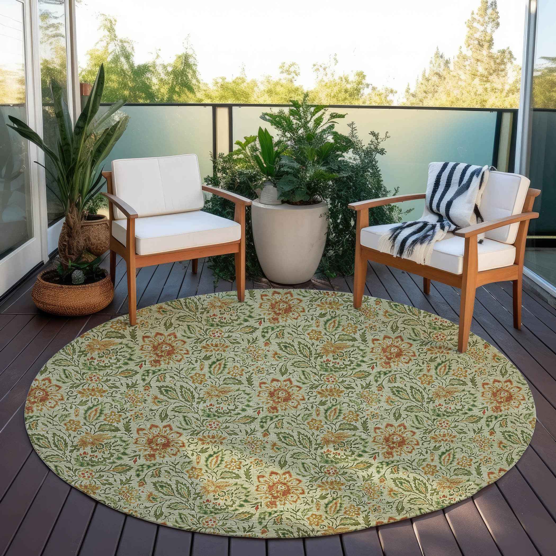 8' Green Copper And Sage Round Floral Washable Indoor Outdoor Area Rug