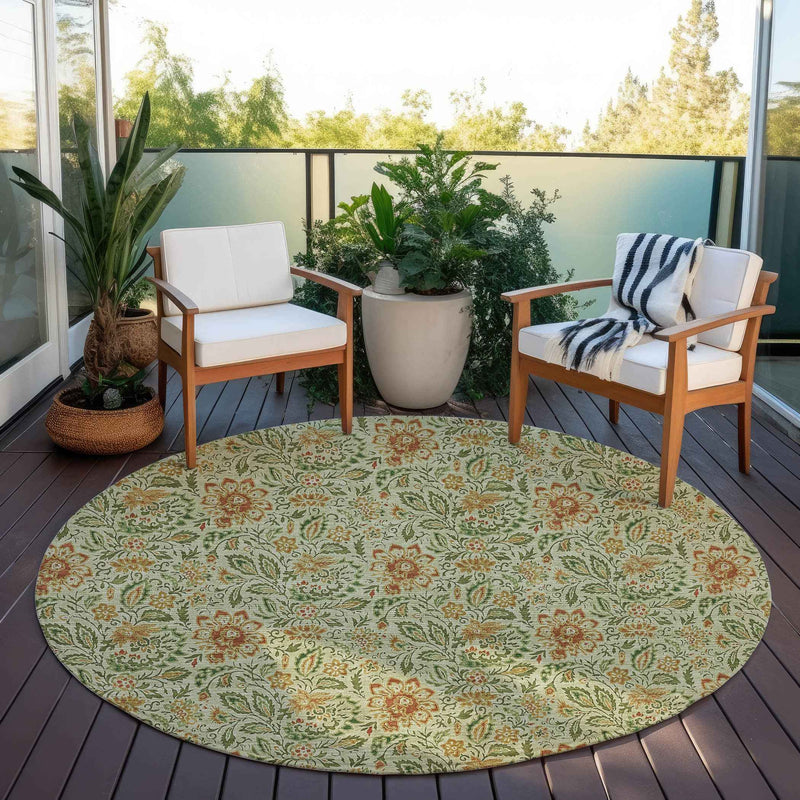 8' Green Copper And Sage Round Floral Washable Indoor Outdoor Area Rug