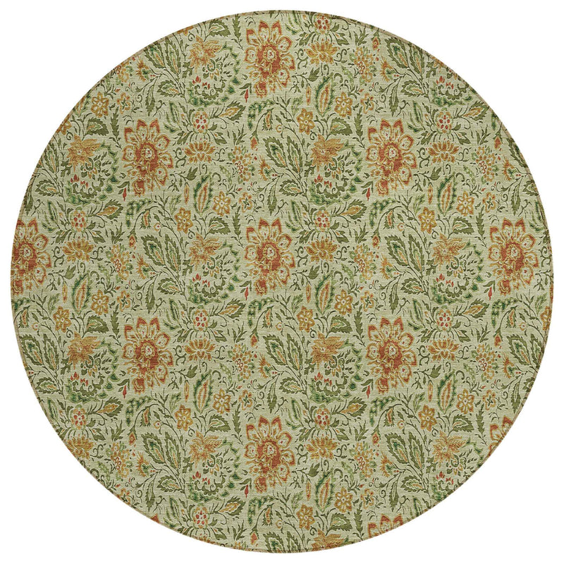 8' Green Copper And Sage Round Floral Washable Indoor Outdoor Area Rug