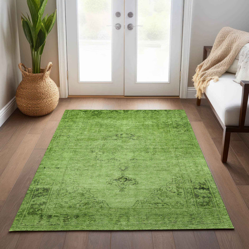 5' X 8' Green And Olive Green Oriental Washable Indoor Outdoor Area Rug
