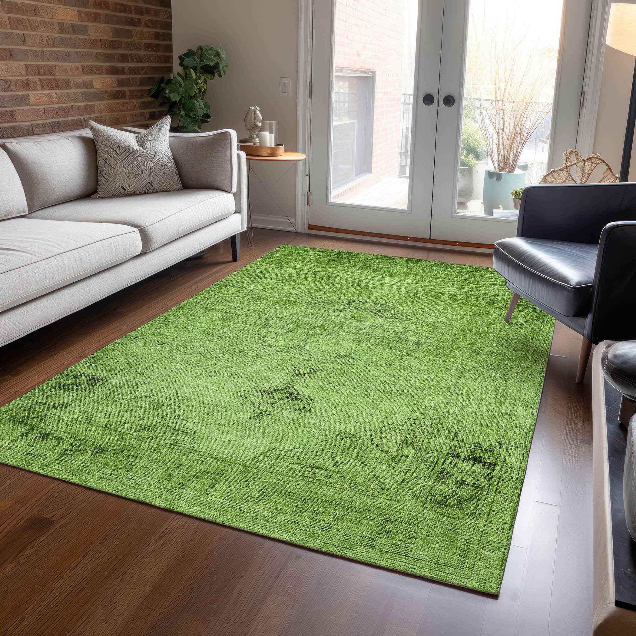 5' X 8' Green And Olive Green Oriental Washable Indoor Outdoor Area Rug