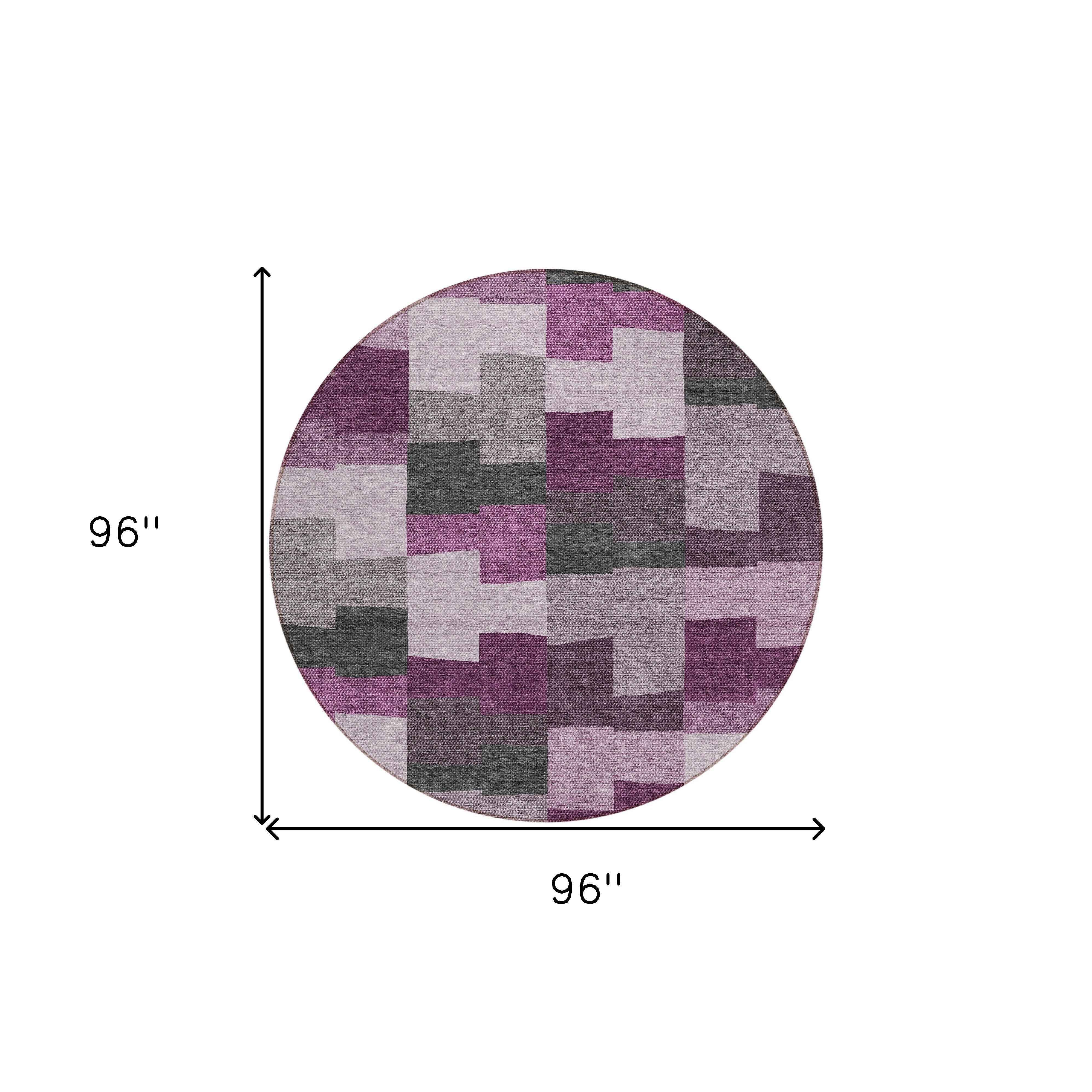 8' Merlot Mauve And Charcoal Round Geometric Washable Indoor Outdoor Area Rug