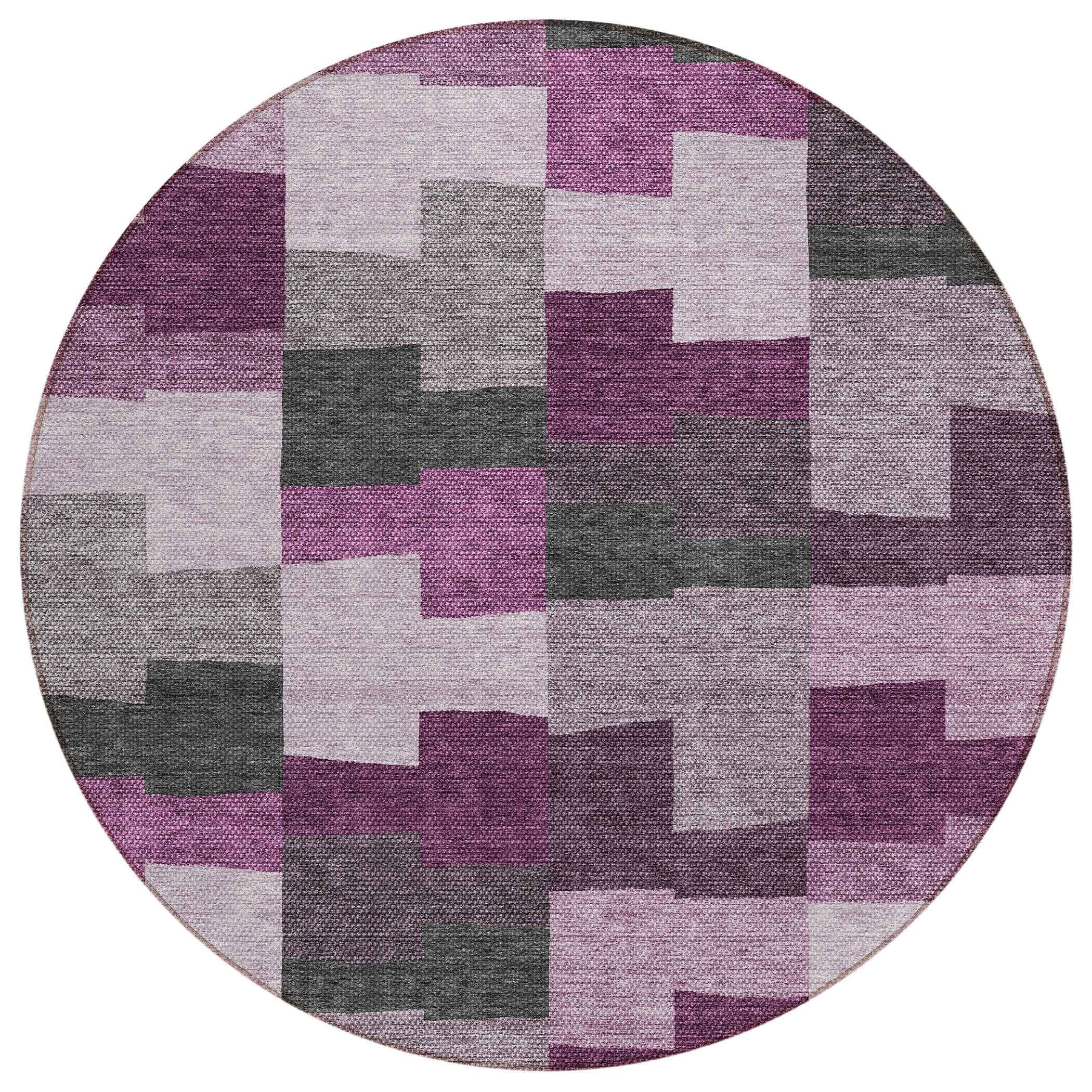8' Merlot Mauve And Charcoal Round Geometric Washable Indoor Outdoor Area Rug