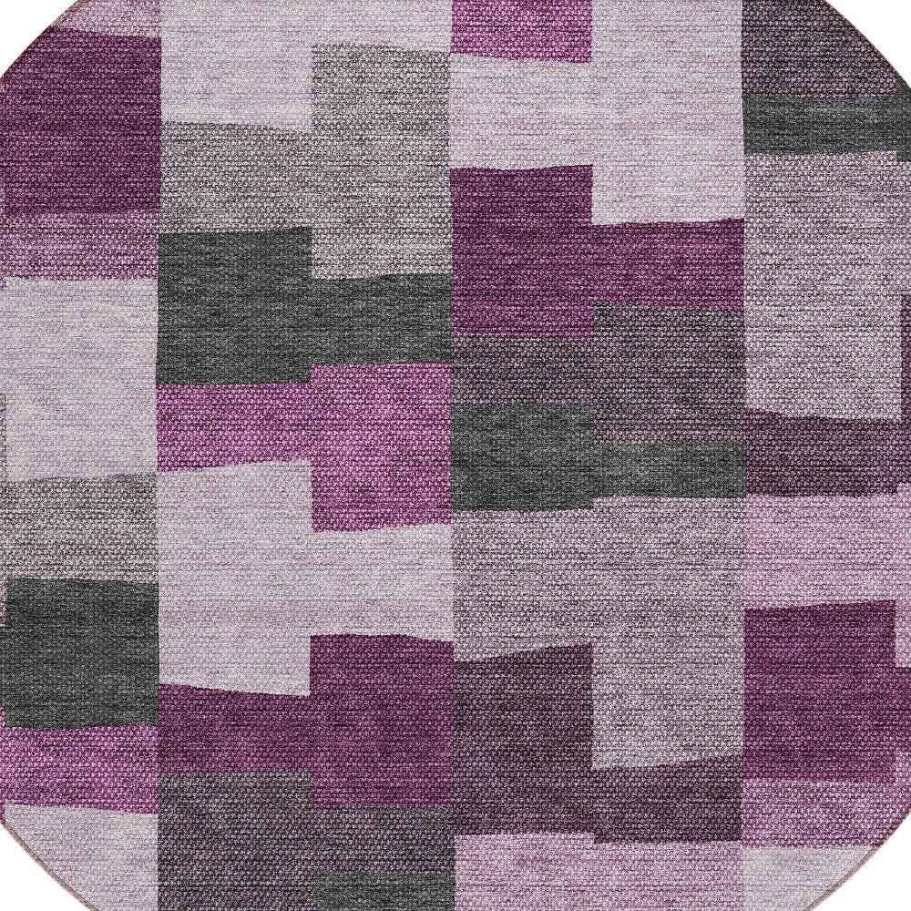 8' Merlot Mauve And Charcoal Round Geometric Washable Indoor Outdoor Area Rug