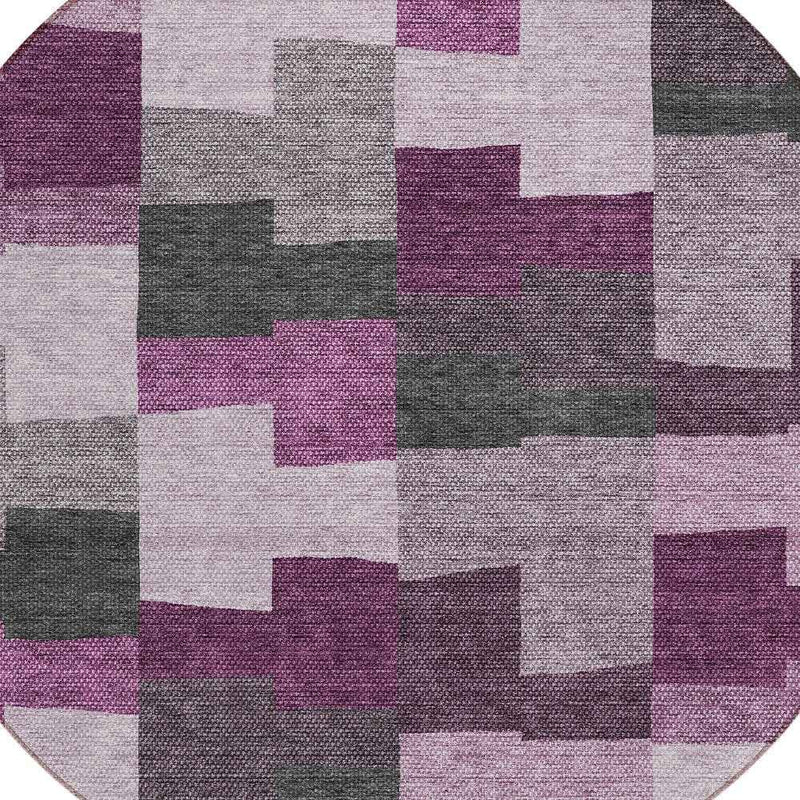 8' Merlot Mauve And Charcoal Round Geometric Washable Indoor Outdoor Area Rug