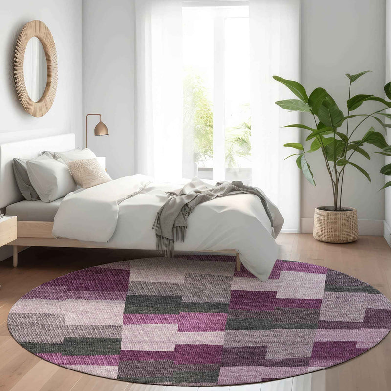 8' Merlot Mauve And Charcoal Round Geometric Washable Indoor Outdoor Area Rug