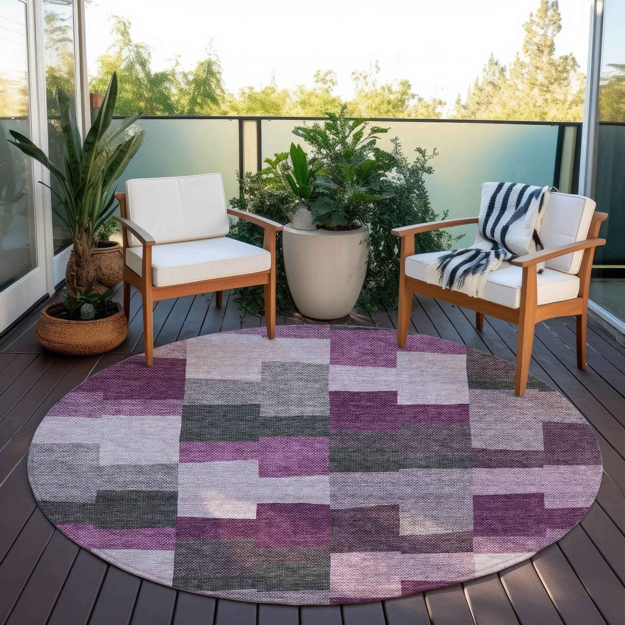 8' Merlot Mauve And Charcoal Round Geometric Washable Indoor Outdoor Area Rug