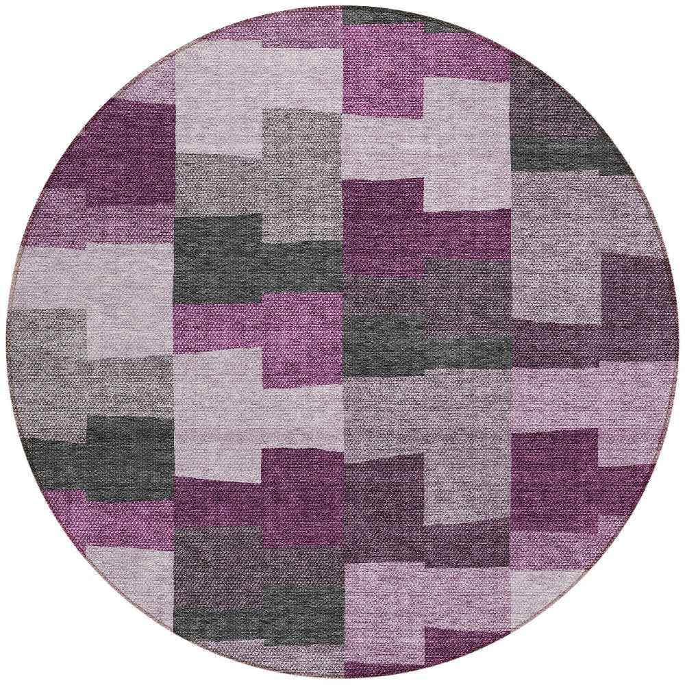8' Merlot Mauve And Charcoal Round Geometric Washable Indoor Outdoor Area Rug