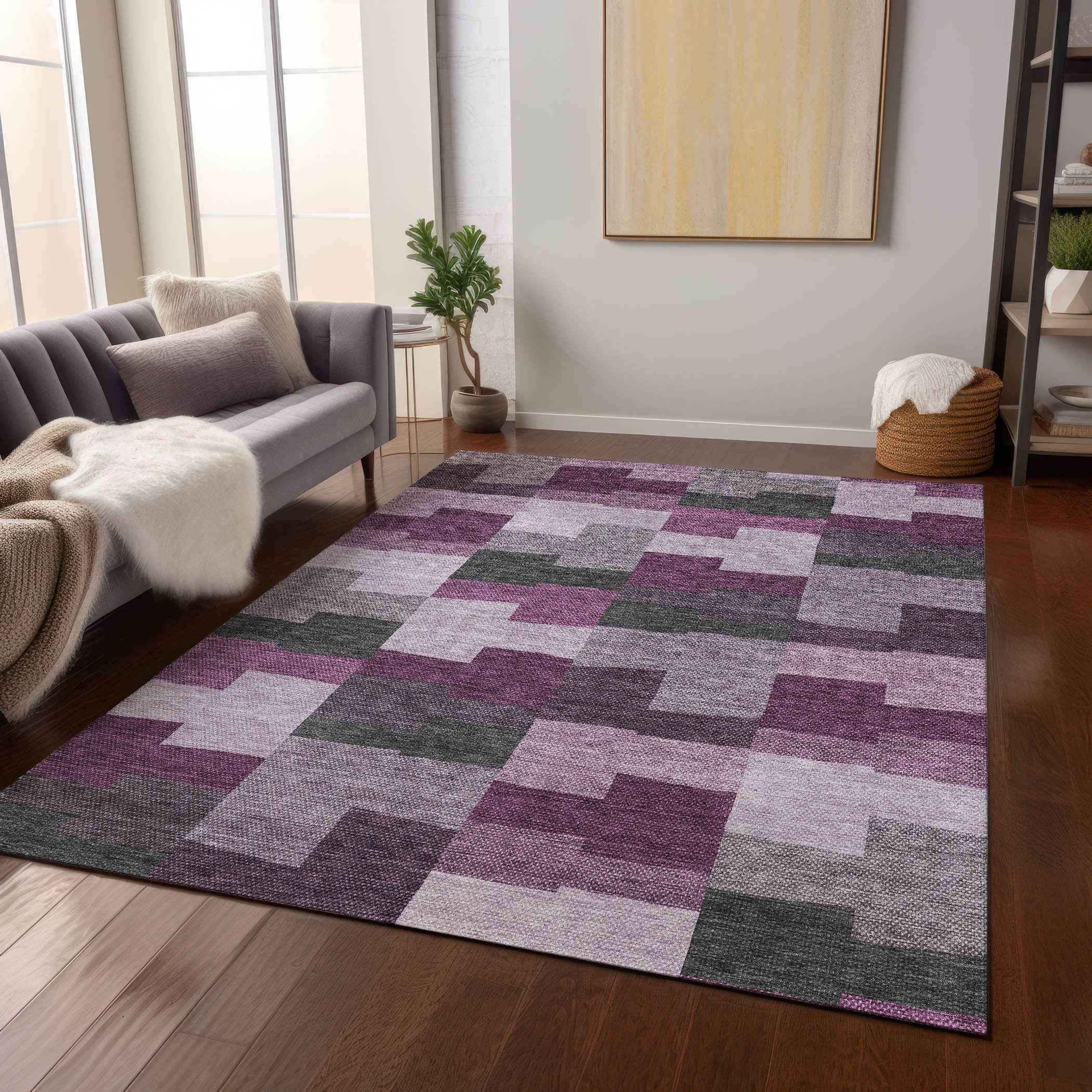 9' X 12' Merlot Mauve And Charcoal Geometric Washable Indoor Outdoor Area Rug
