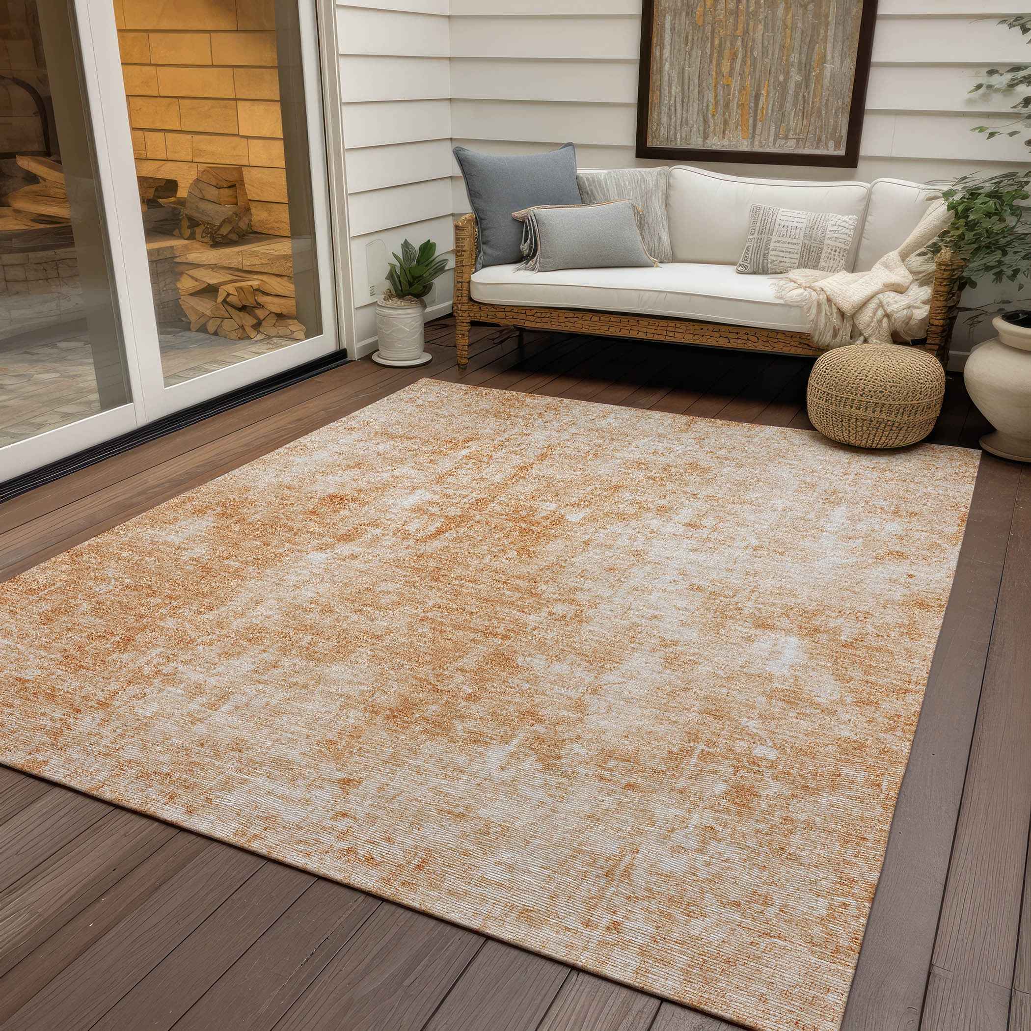 3' X 5' Terra Cotta Copper And Ivory Abstract Washable Indoor Outdoor Area Rug