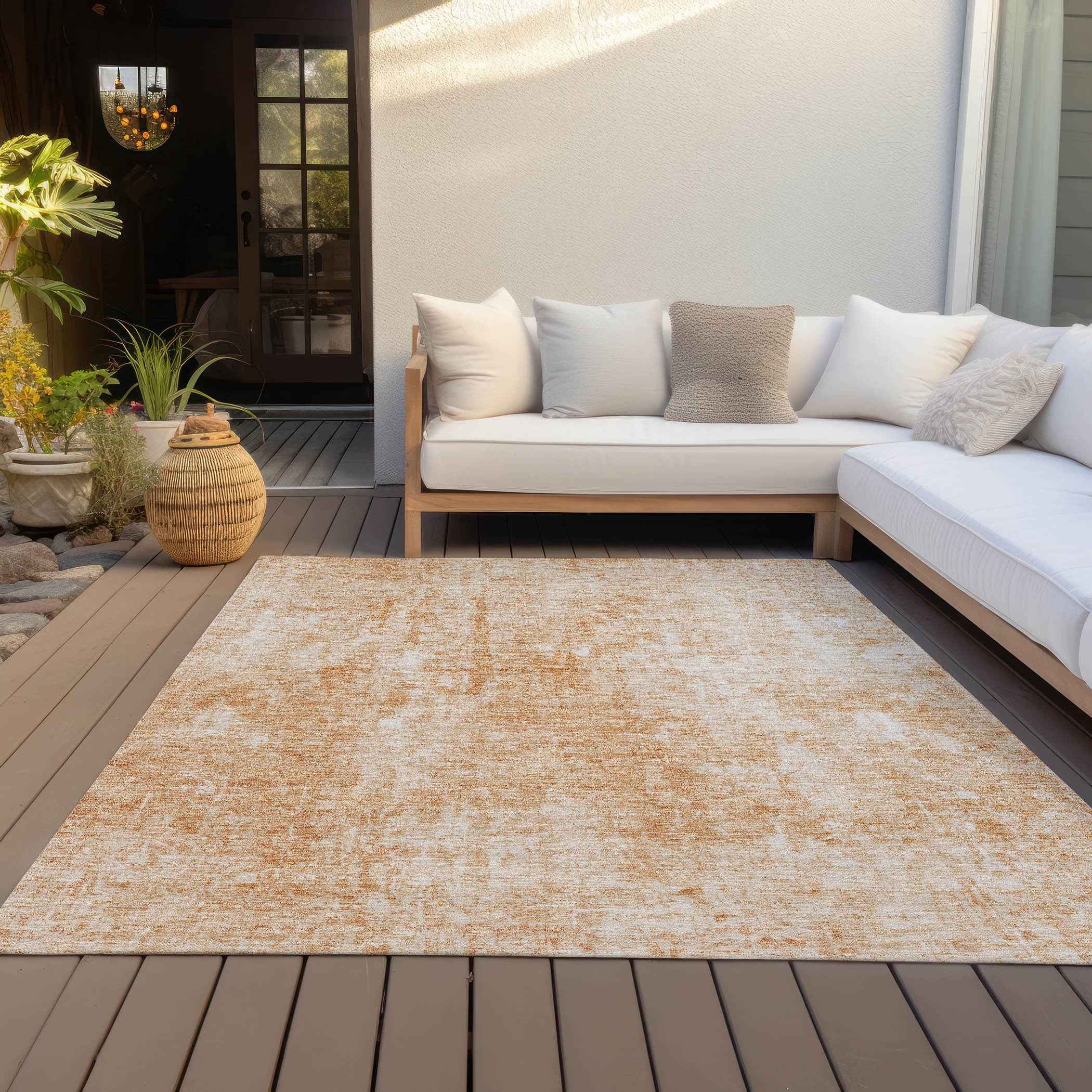 3' X 5' Terra Cotta Copper And Ivory Abstract Washable Indoor Outdoor Area Rug
