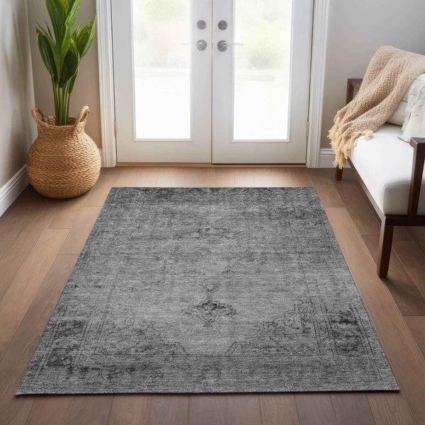 10' X 14' Gray Silver And Charcoal Oriental Washable Indoor Outdoor Area Rug