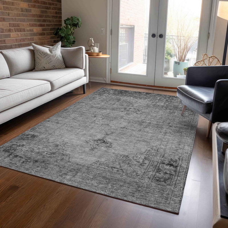 10' X 14' Gray Silver And Charcoal Oriental Washable Indoor Outdoor Area Rug