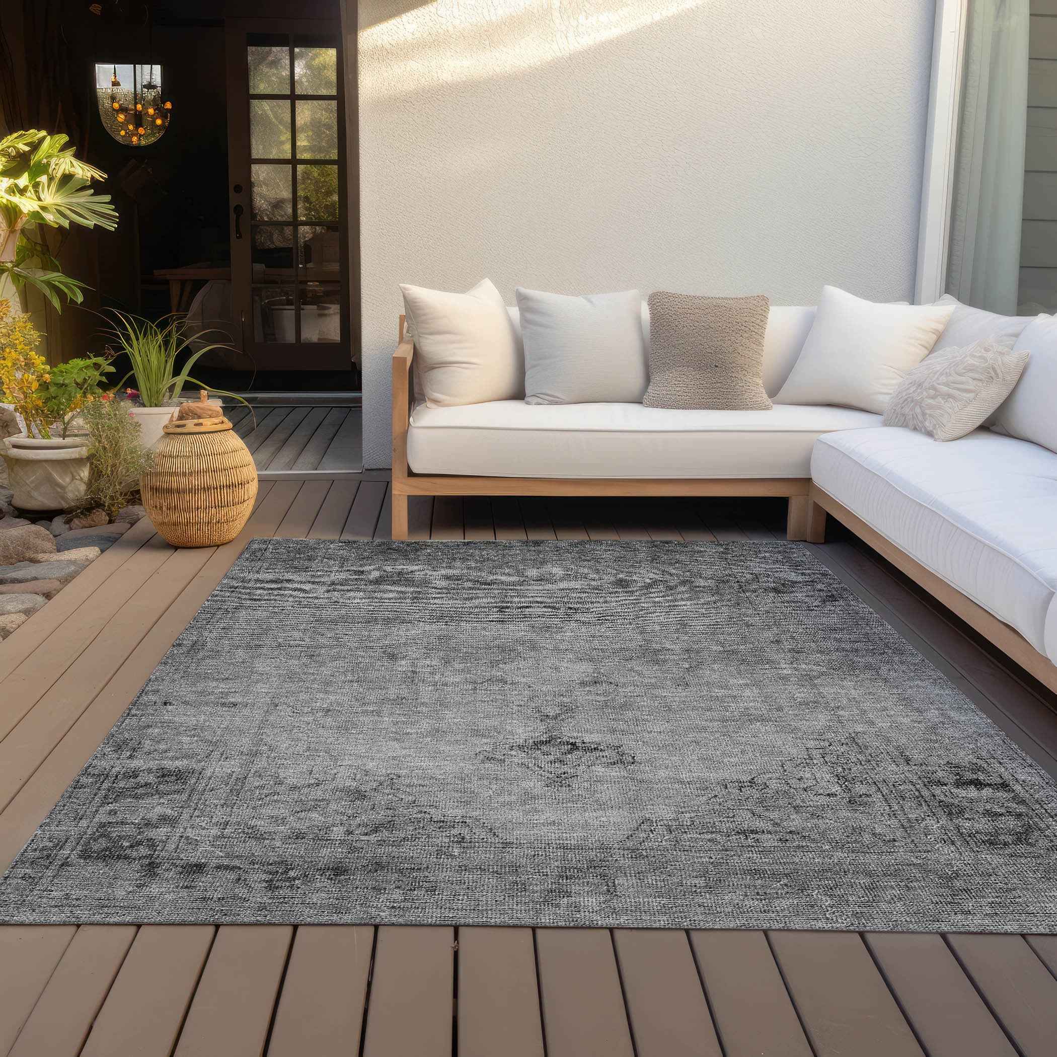 10' X 14' Gray Silver And Charcoal Oriental Washable Indoor Outdoor Area Rug
