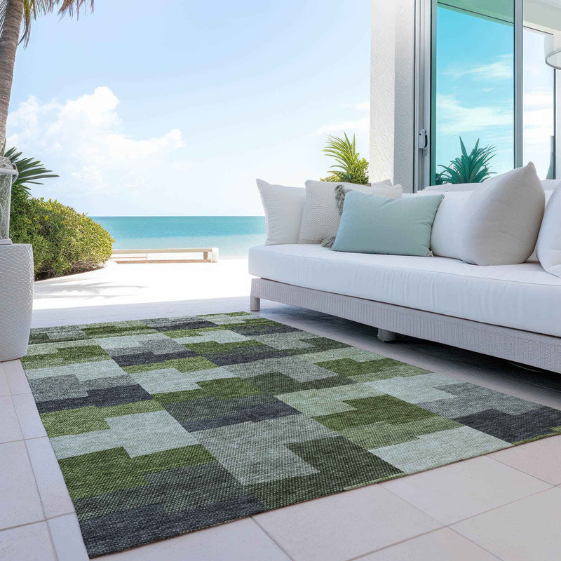 8' X 10' Olive Green And Artichoke Green Geometric Washable Indoor Outdoor Area Rug