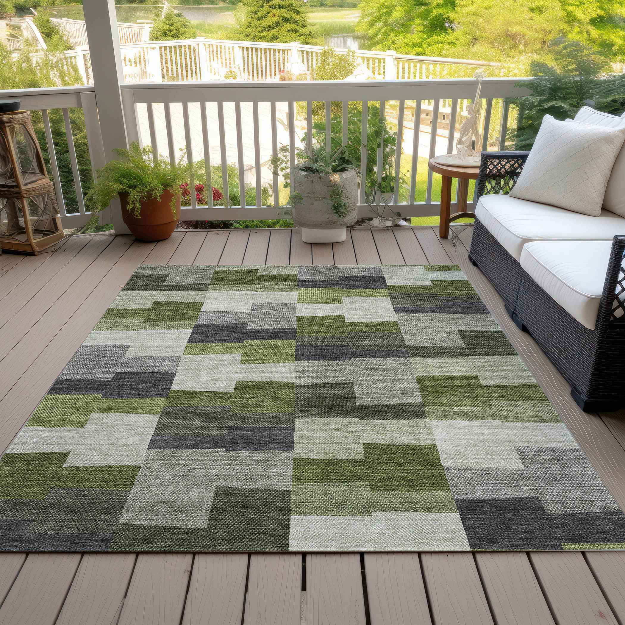8' X 10' Olive Green And Artichoke Green Geometric Washable Indoor Outdoor Area Rug