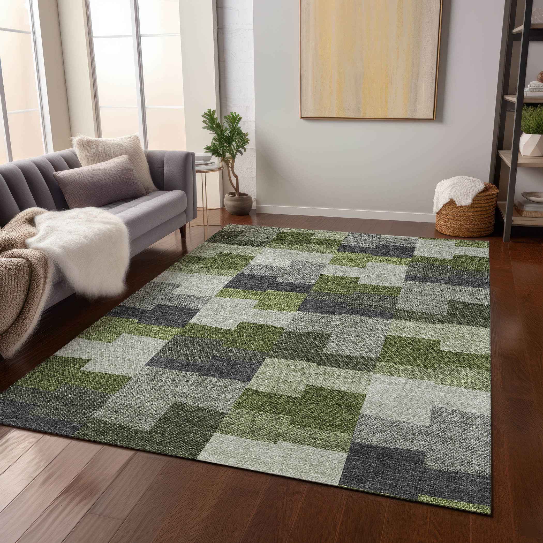 8' X 10' Olive Green And Artichoke Green Geometric Washable Indoor Outdoor Area Rug