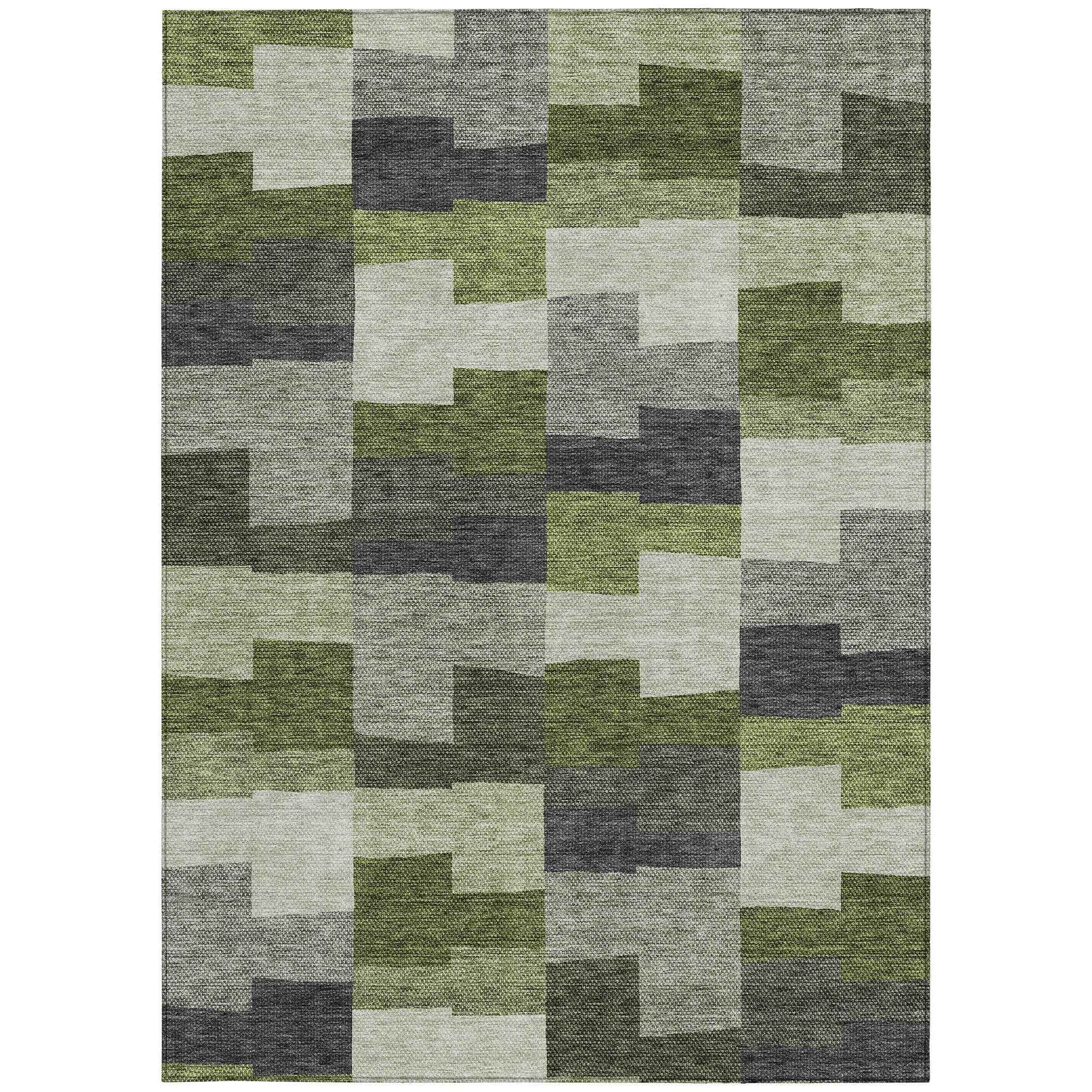 8' X 10' Olive Green And Artichoke Green Geometric Washable Indoor Outdoor Area Rug
