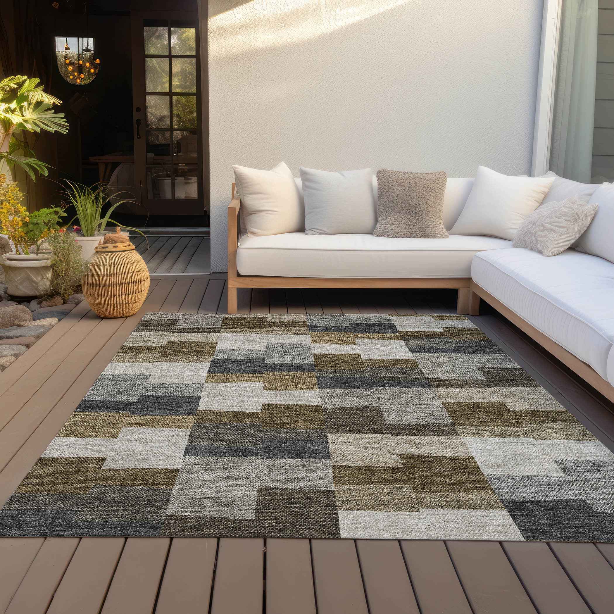 10' X 14' Brown Beige And Ivory Geometric Washable Indoor Outdoor Area Rug