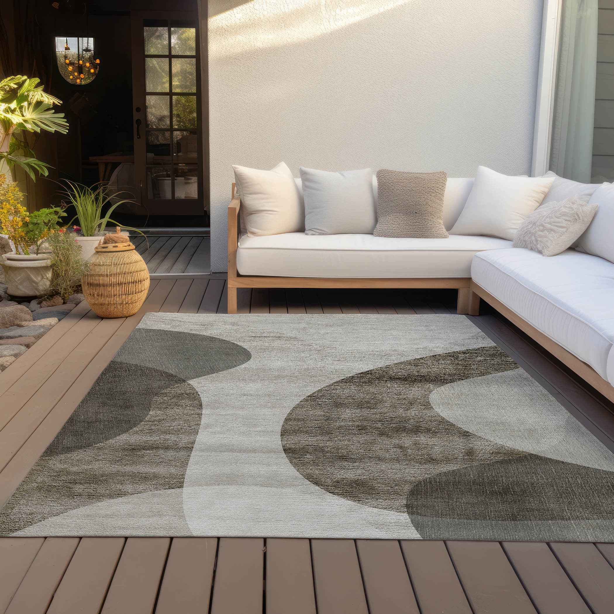 3' X 5' Taupe Beige And Chocolate Abstract Washable Indoor Outdoor Area Rug