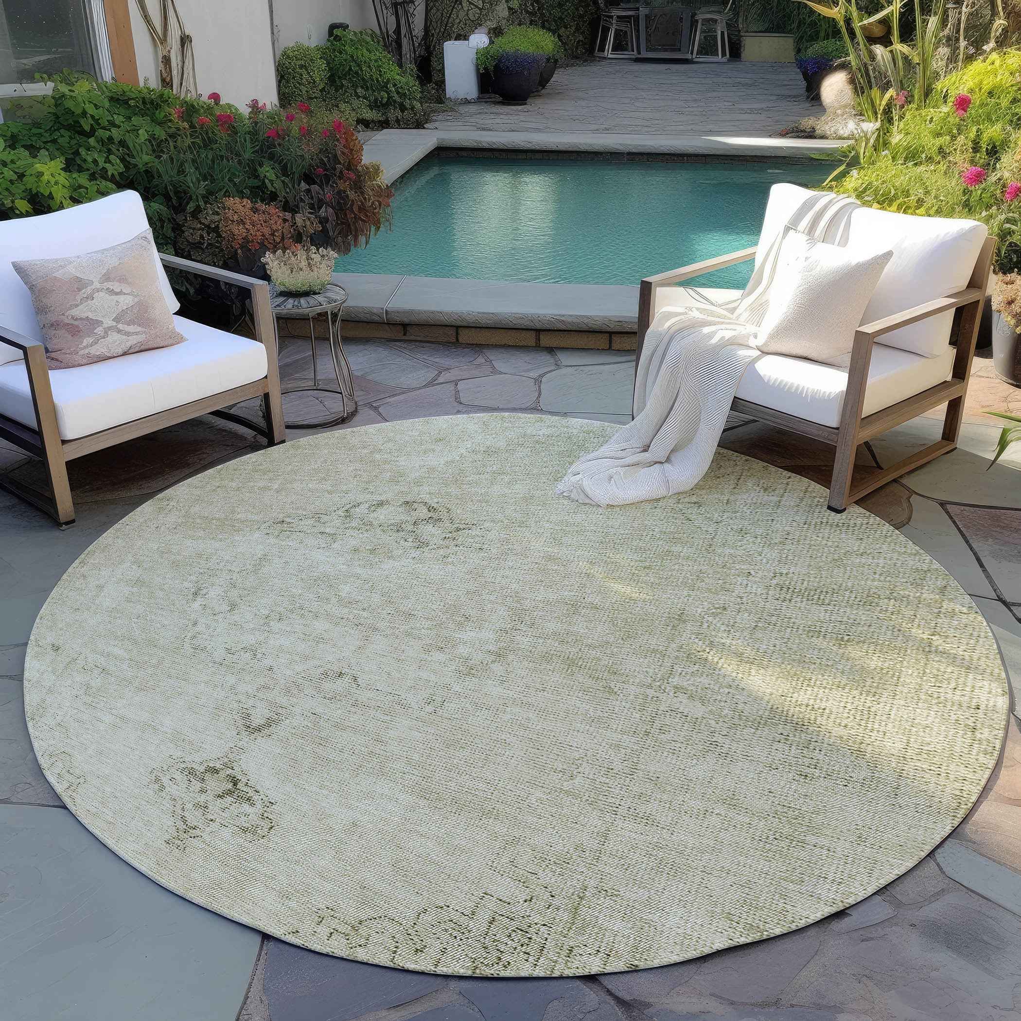 8' Beige Taupe And Brown Round Oriental Washable Indoor Outdoor Area Rug