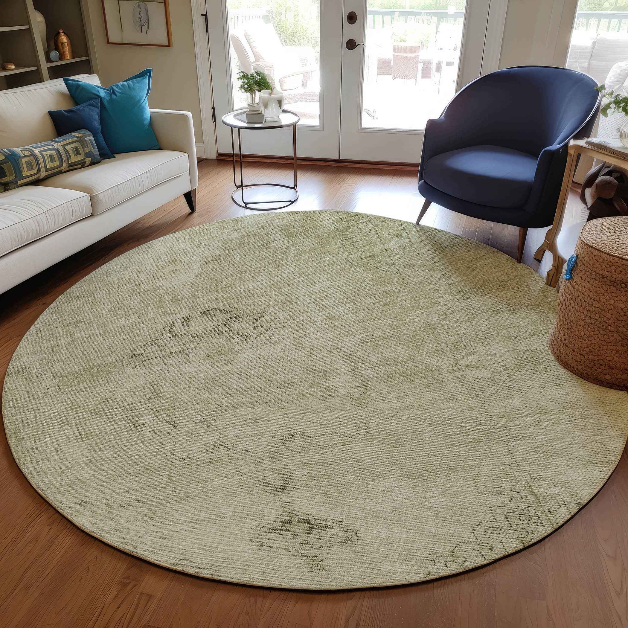 8' Beige Taupe And Brown Round Oriental Washable Indoor Outdoor Area Rug