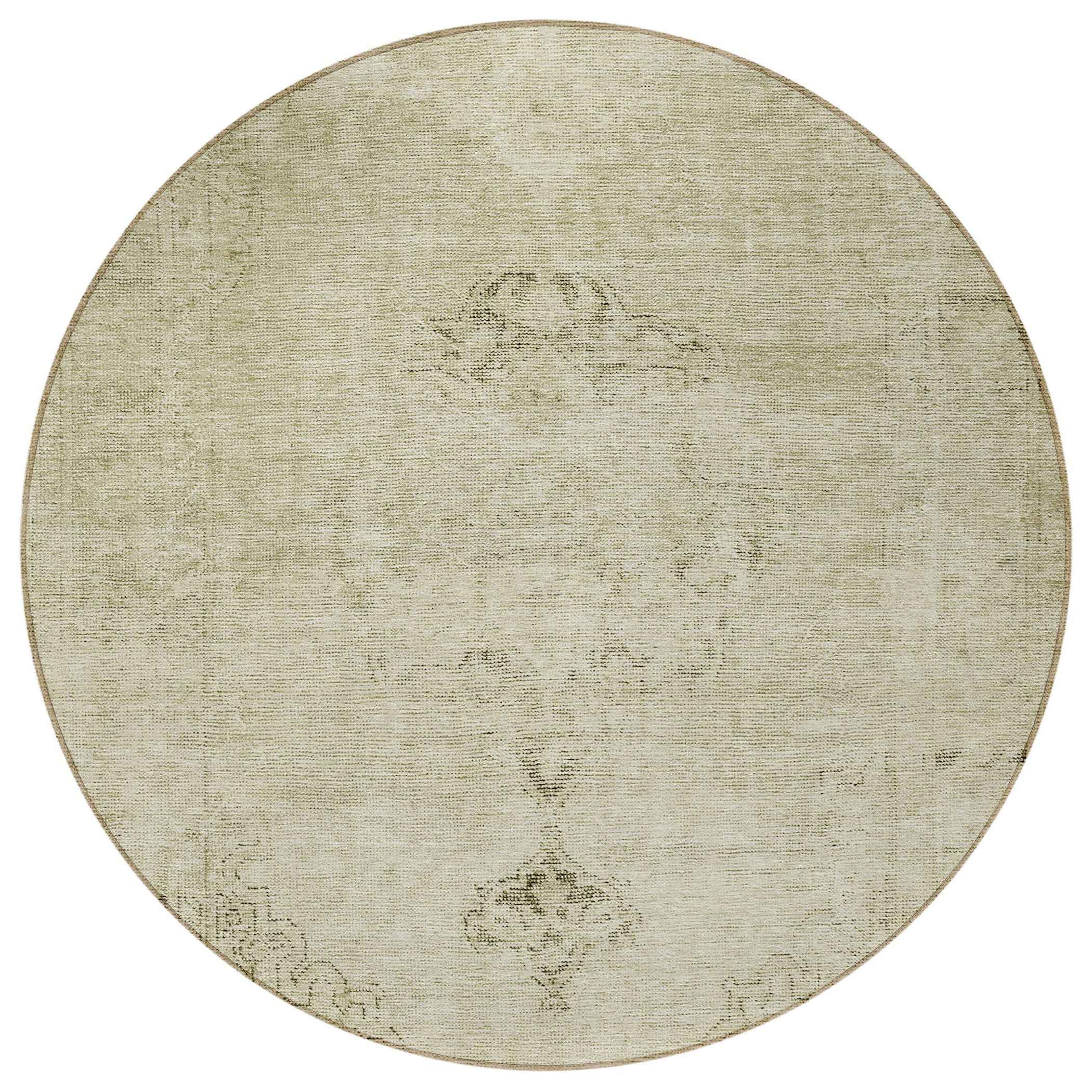 8' Beige Taupe And Brown Round Oriental Washable Indoor Outdoor Area Rug