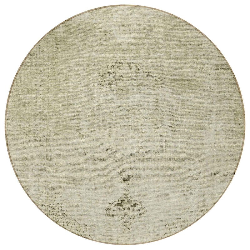 8' Beige Taupe And Brown Round Oriental Washable Indoor Outdoor Area Rug