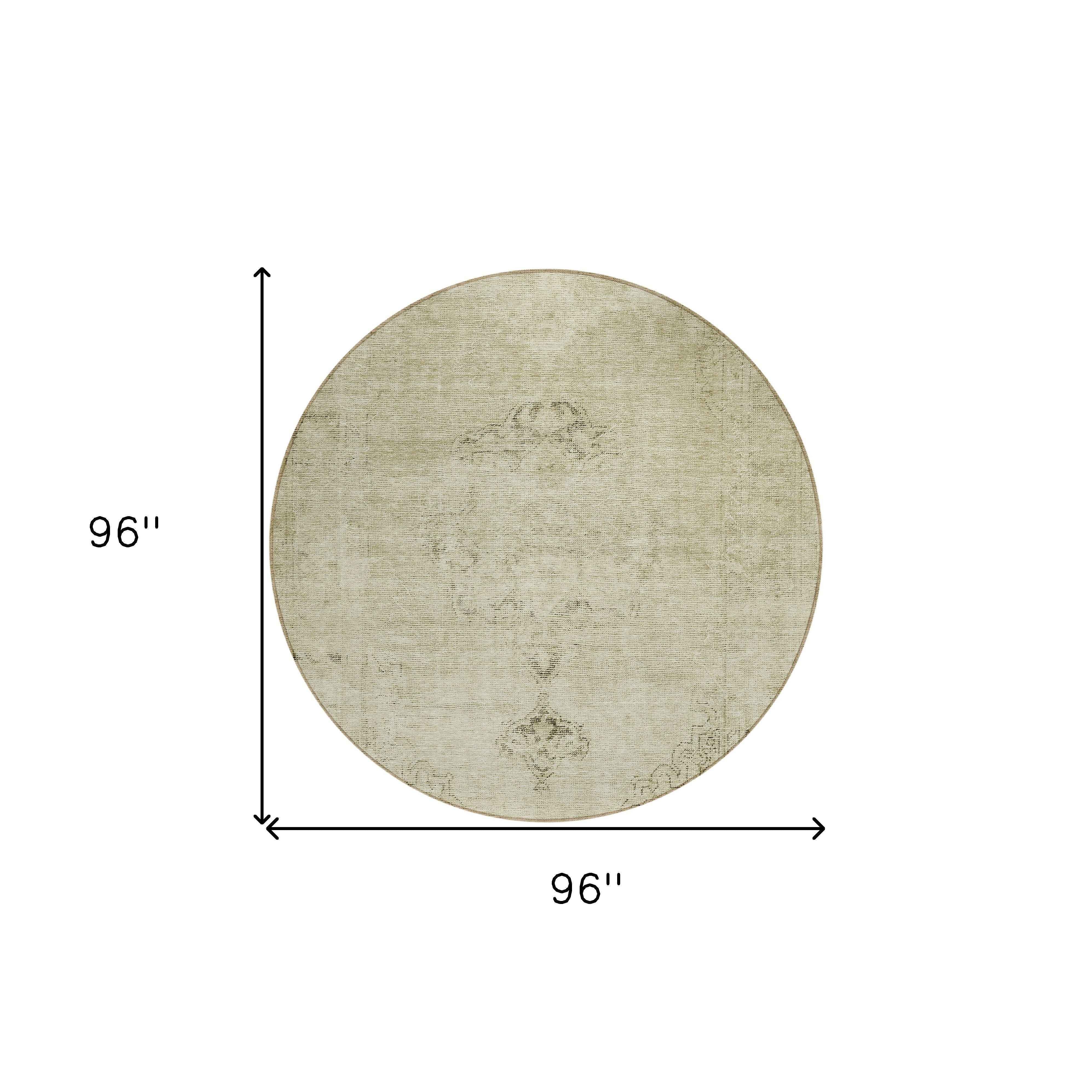 8' Beige Taupe And Brown Round Oriental Washable Indoor Outdoor Area Rug