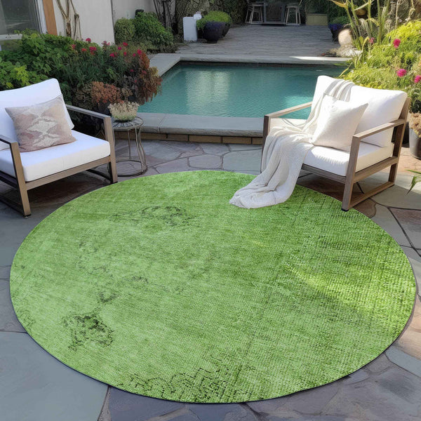 8' Green And Olive Green Round Oriental Washable Indoor Outdoor Area Rug