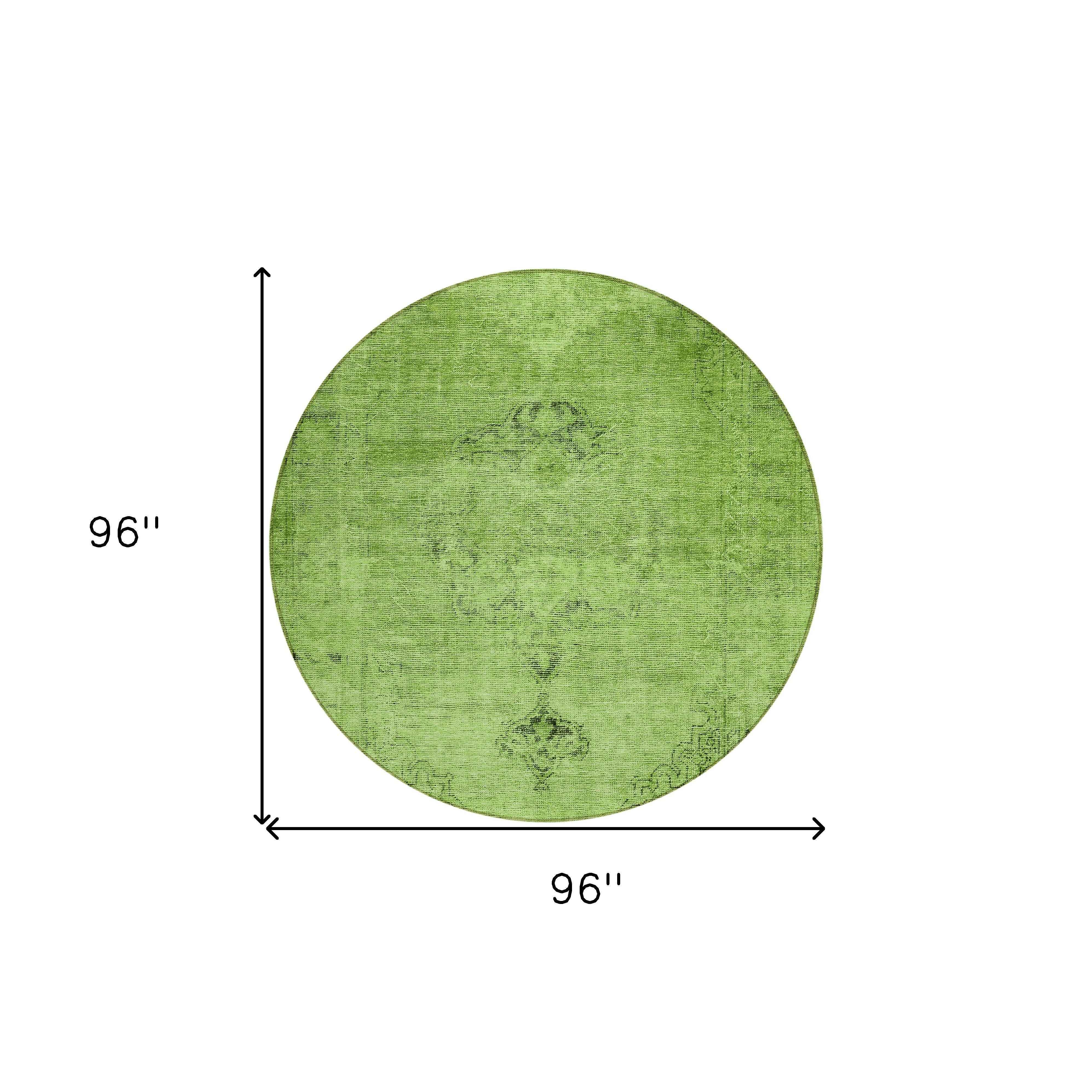 8' Green And Olive Green Round Oriental Washable Indoor Outdoor Area Rug