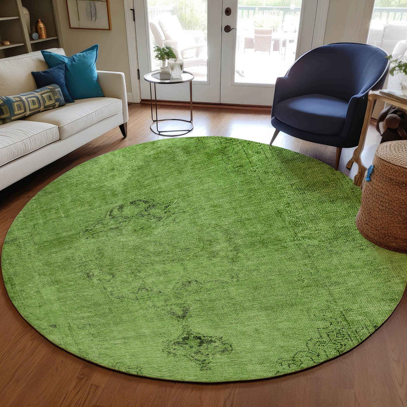 8' Green And Olive Green Round Oriental Washable Indoor Outdoor Area Rug