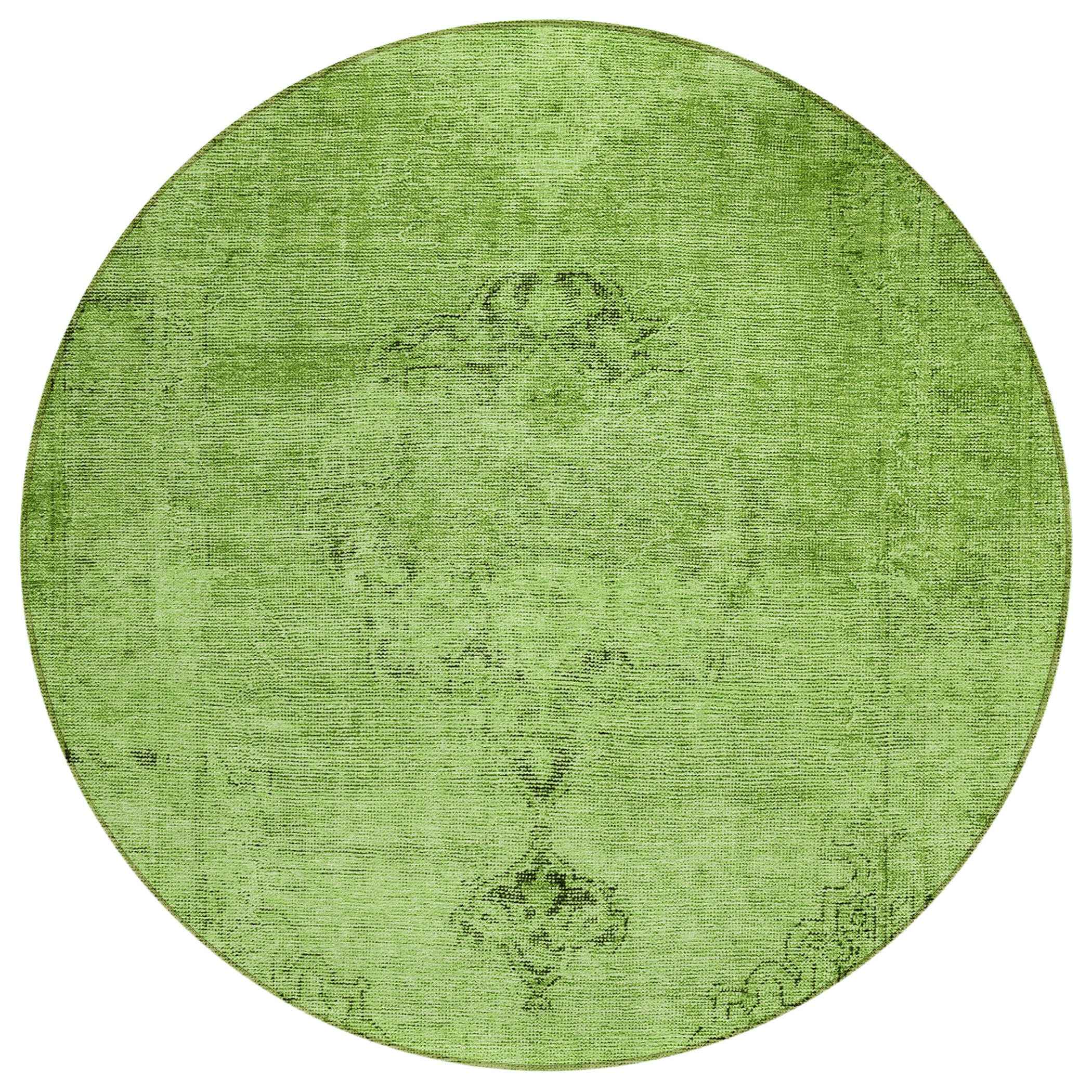 8' Green And Olive Green Round Oriental Washable Indoor Outdoor Area Rug