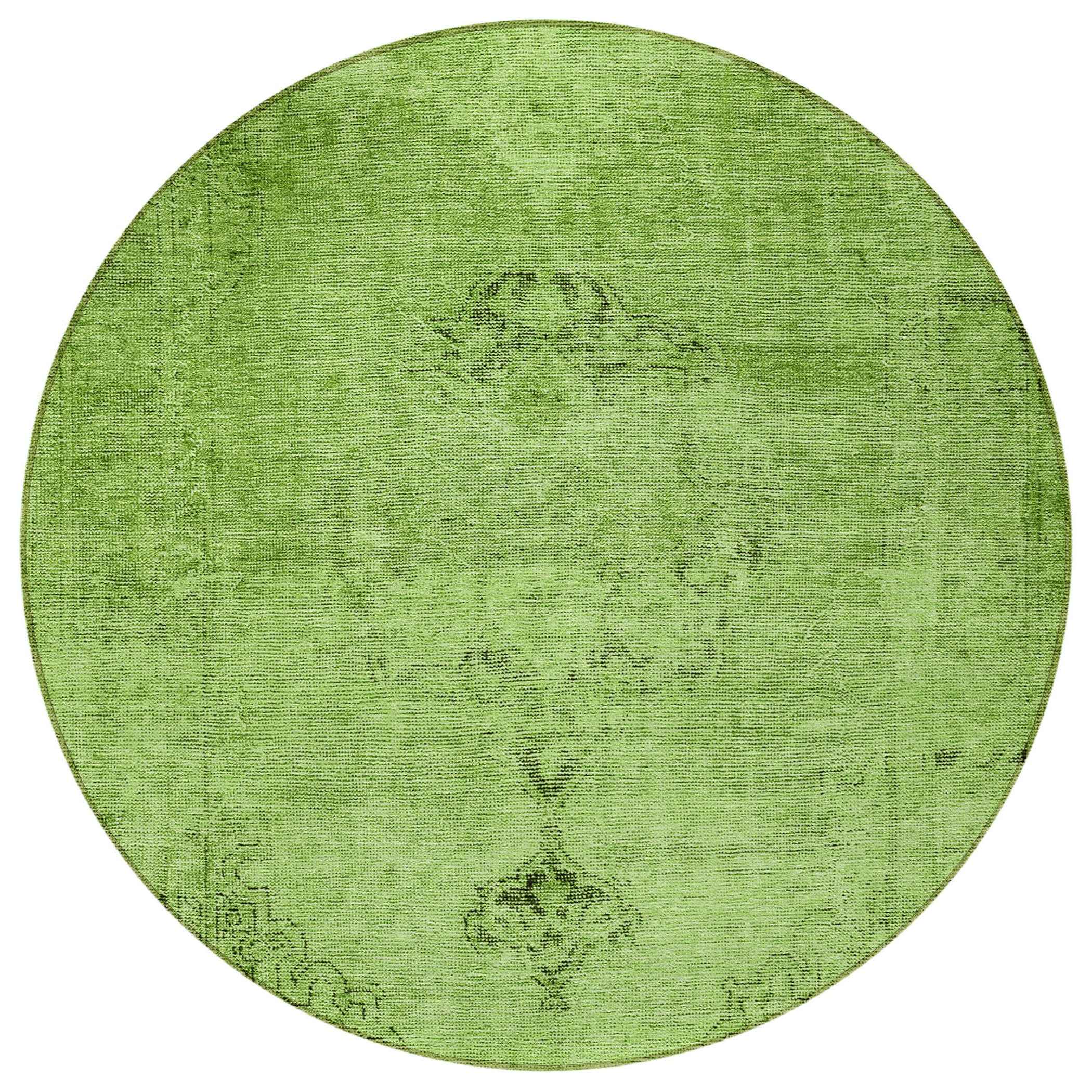 8' Green And Olive Green Round Oriental Washable Indoor Outdoor Area Rug