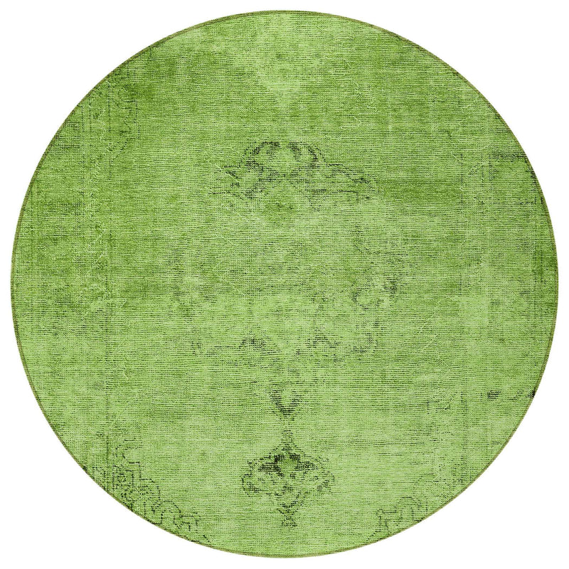 8' Green And Olive Green Round Oriental Washable Indoor Outdoor Area Rug