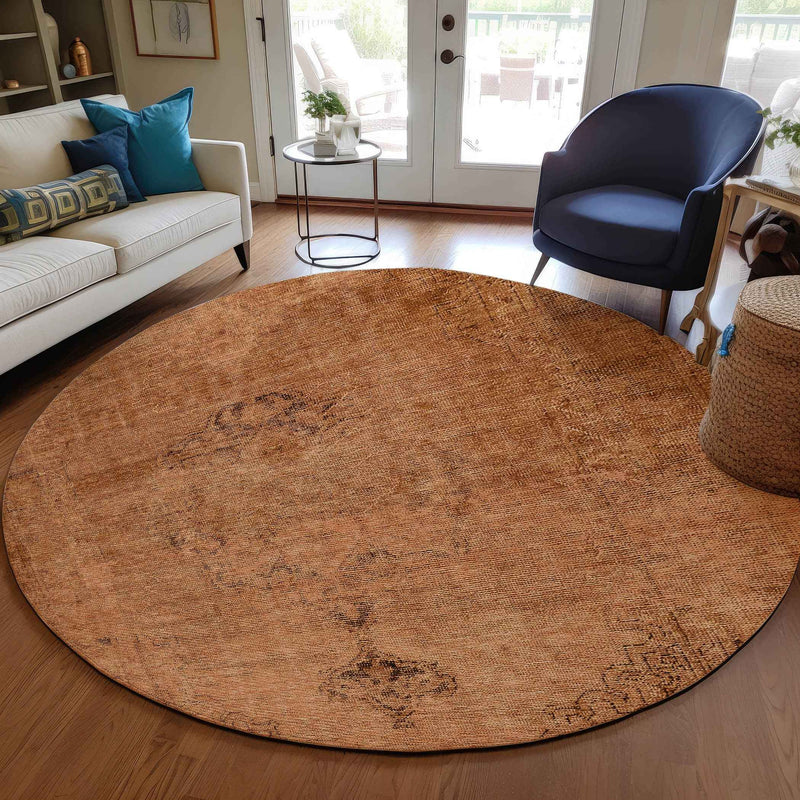 8' Copper Orange And Brown Round Oriental Washable Indoor Outdoor Area Rug