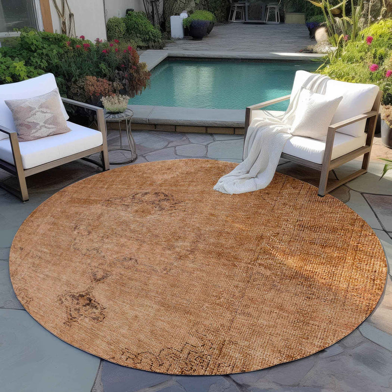 8' Copper Orange And Brown Round Oriental Washable Indoor Outdoor Area Rug