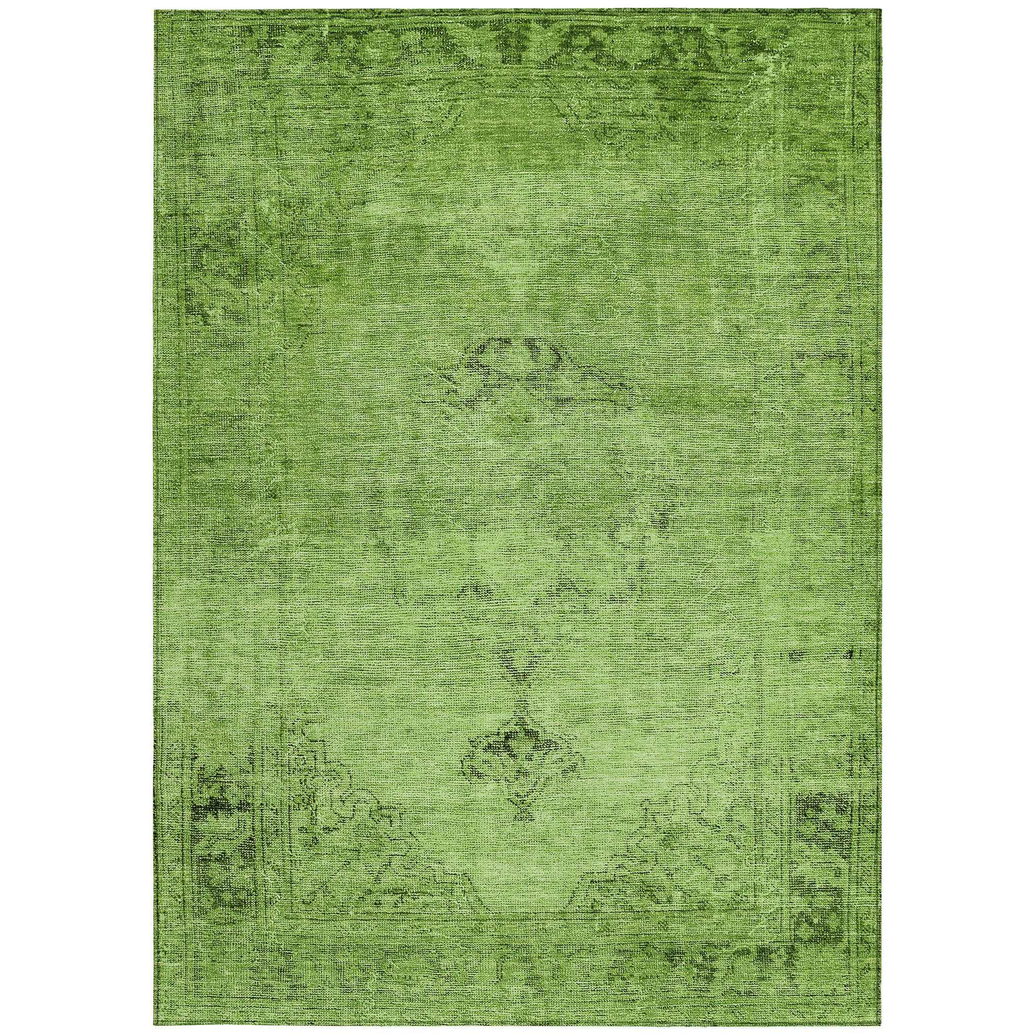 9' X 12' Green And Olive Green Oriental Washable Indoor Outdoor Area Rug