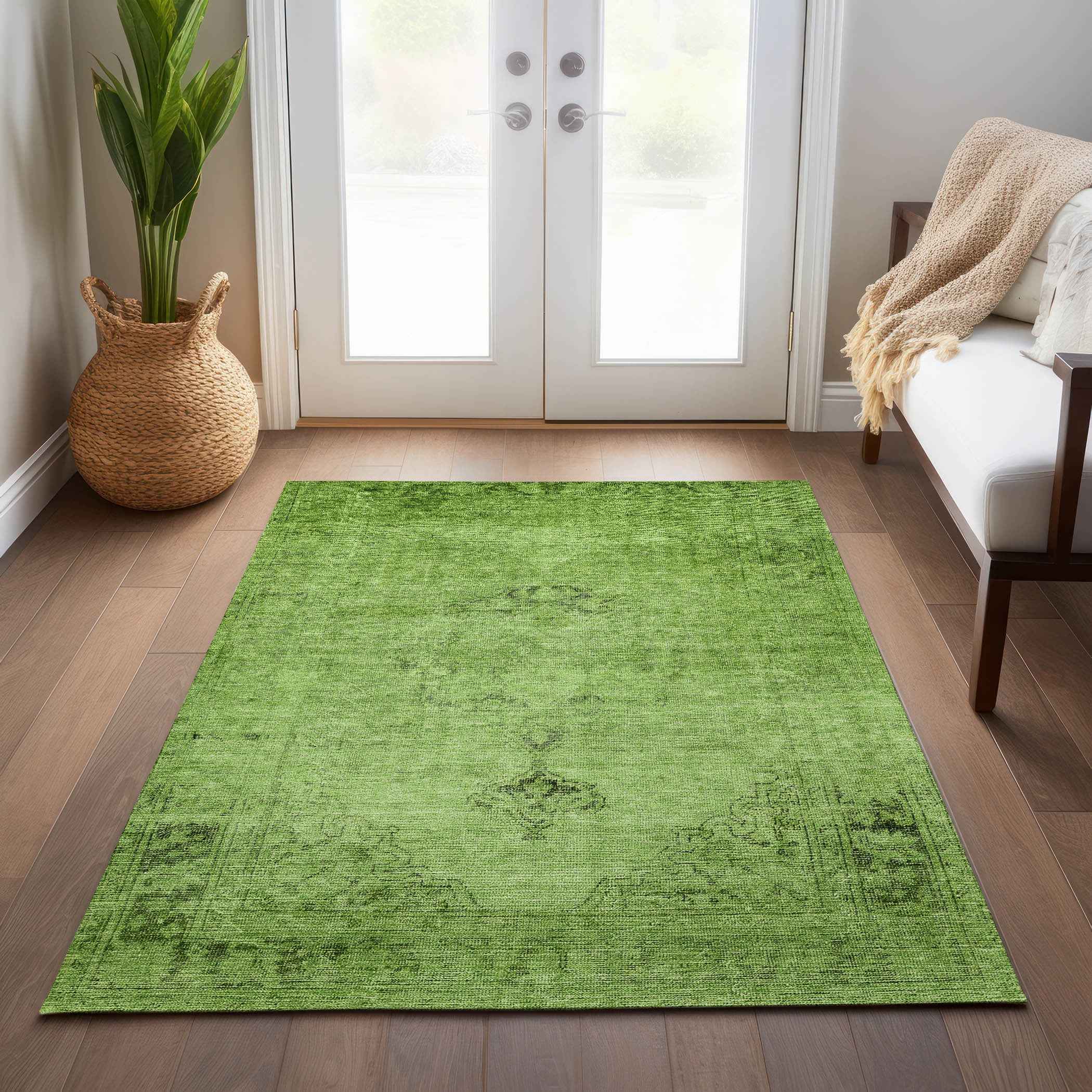 9' X 12' Green And Olive Green Oriental Washable Indoor Outdoor Area Rug