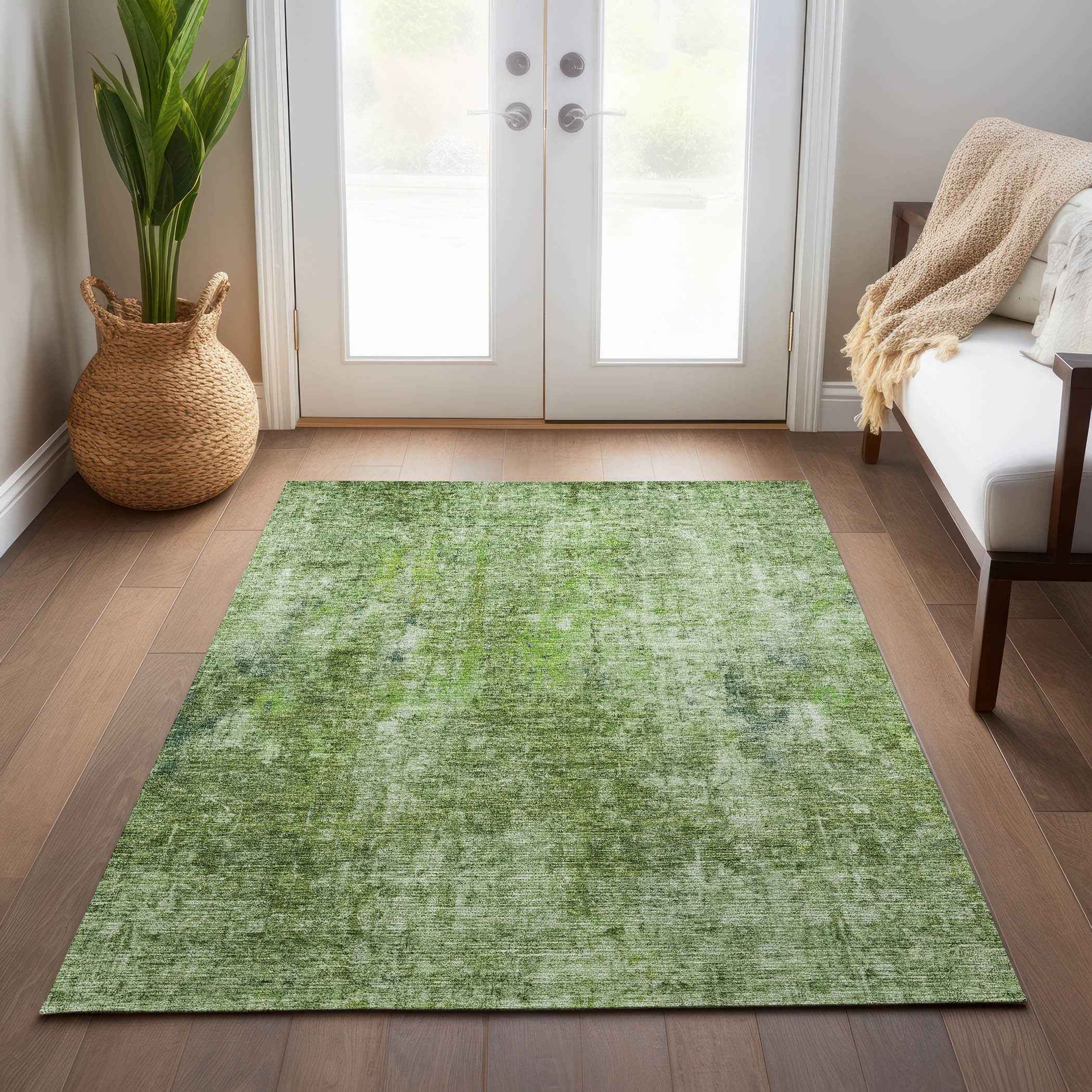 8' X 10' Olive Green And Artichoke Green Abstract Washable Indoor Outdoor Area Rug