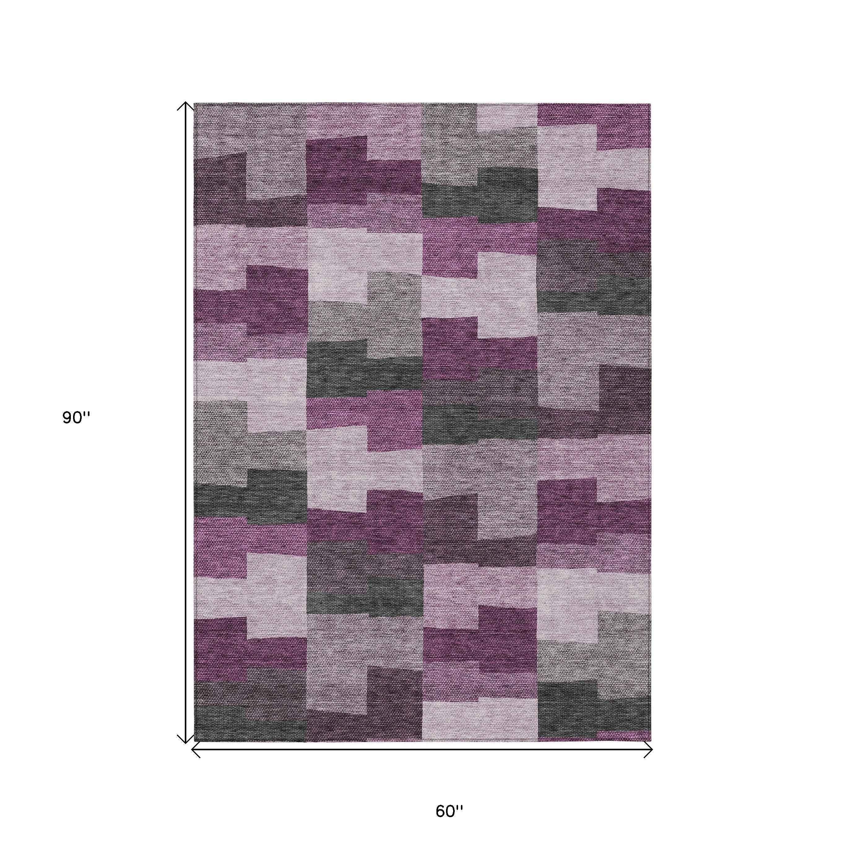 5' X 8' Merlot Mauve And Charcoal Geometric Washable Indoor Outdoor Area Rug