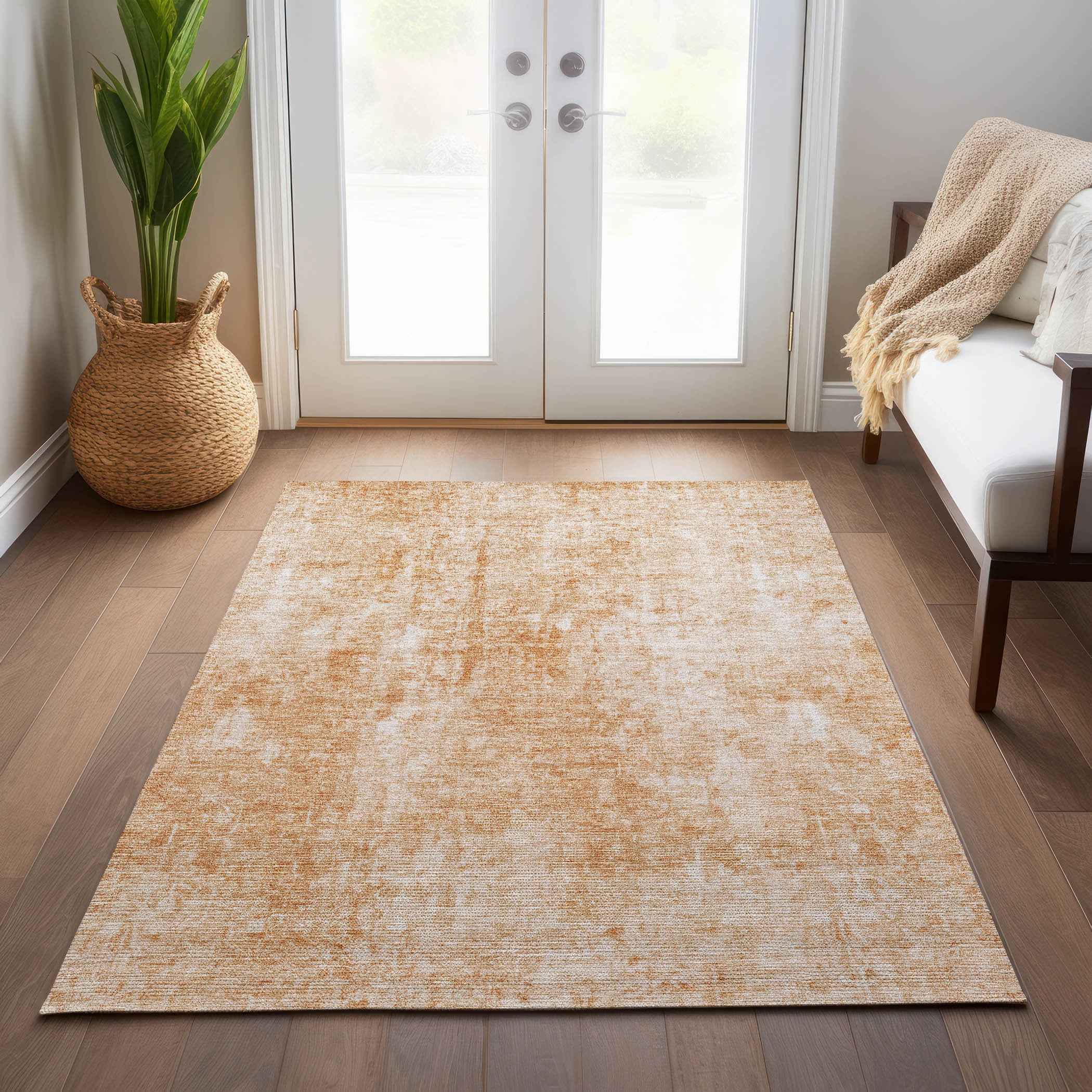 10' X 14' Terra Cotta Copper And Ivory Abstract Washable Indoor Outdoor Area Rug