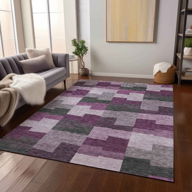 5' X 8' Merlot Mauve And Charcoal Geometric Washable Indoor Outdoor Area Rug