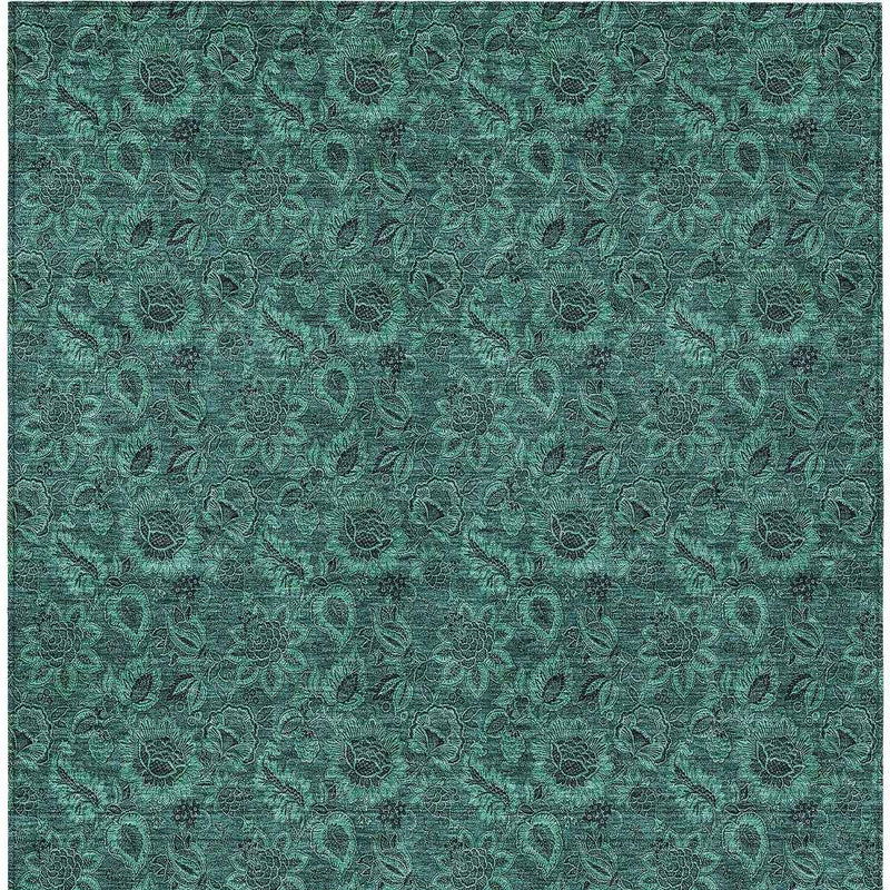 3' X 5' Teal Blue Green And Charcoal Floral Washable Indoor Outdoor Area Rug