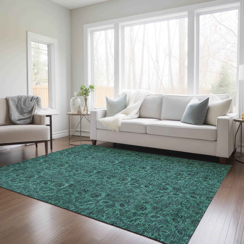 3' X 5' Teal Blue Green And Charcoal Floral Washable Indoor Outdoor Area Rug