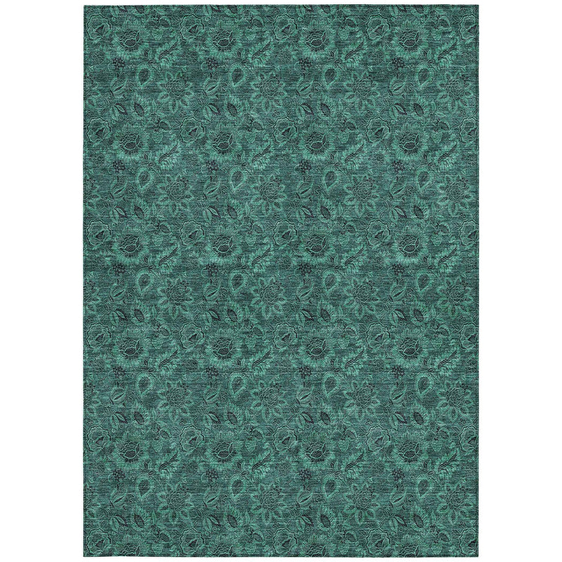 3' X 5' Teal Blue Green And Charcoal Floral Washable Indoor Outdoor Area Rug
